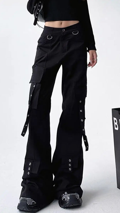 Black Gothic Cargo Flare Pants /High Waist Wide Leg Trousers (Victorious Neural Link)