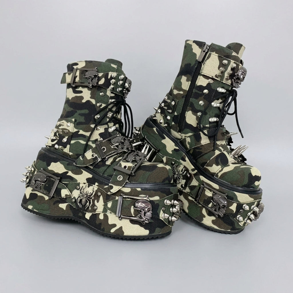 2026 Camouflage Print Platform Ankle Boots Spider Metal Studs Spikes Buckle Straps Lace-Up Gothic Punk Y2K Street Fashion Shoes