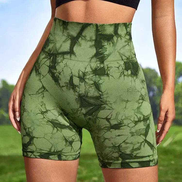 Seamless Tie Dye Sport Shorts / Elastic Scrunch High Waist Gym Shorts