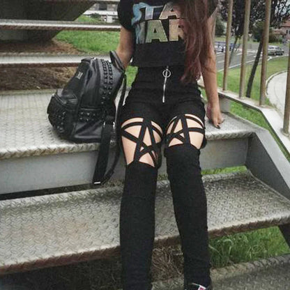 Hollow Out Pants Goth Sexy Pentagram / Harajuku Grunge Black Trousers (Victorious Obsidian Victory Pants)