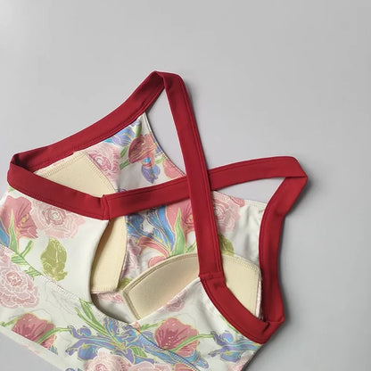 Women Cross Strap Nature Pattern Sports Bra/ Yoga Gym Crop Top