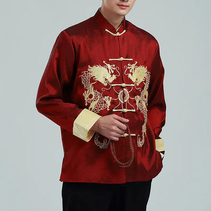 Vintage-style Men's Long-sleeve Jacket with Gold Embroidered Chinese Dragon Design; Available in Black, Gray, Blue, and Red.