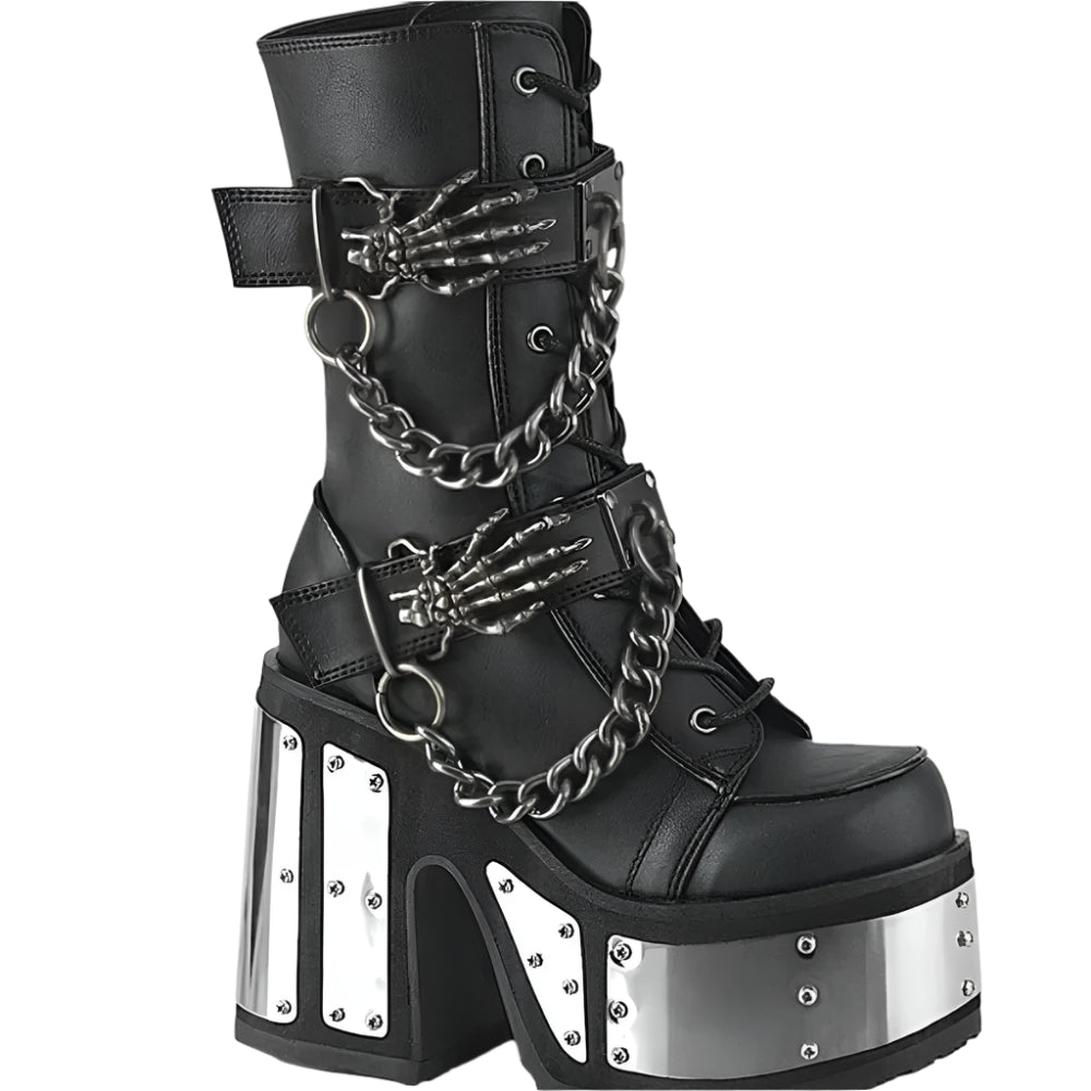 Gothic Skeleton Hand Rivets Chain Boots / Women's Round Toe Silver Platform Boots
