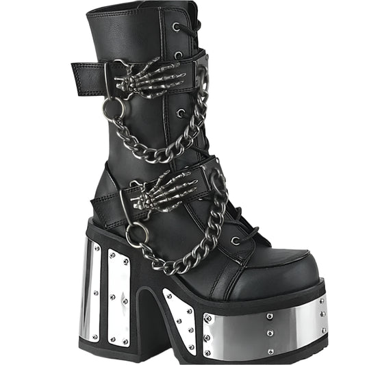 Gothic Skeleton Hand Rivets Chain Boots / Women's Round Toe Silver Platform Boots