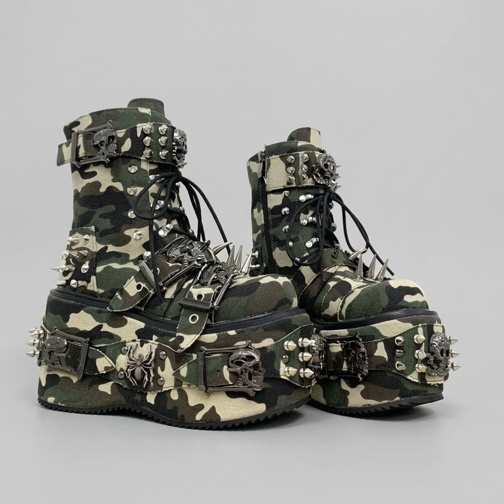 2026 Camouflage Print Platform Ankle Boots Spider Metal Studs Spikes Buckle Straps Lace-Up Gothic Punk Y2K Street Fashion Shoes