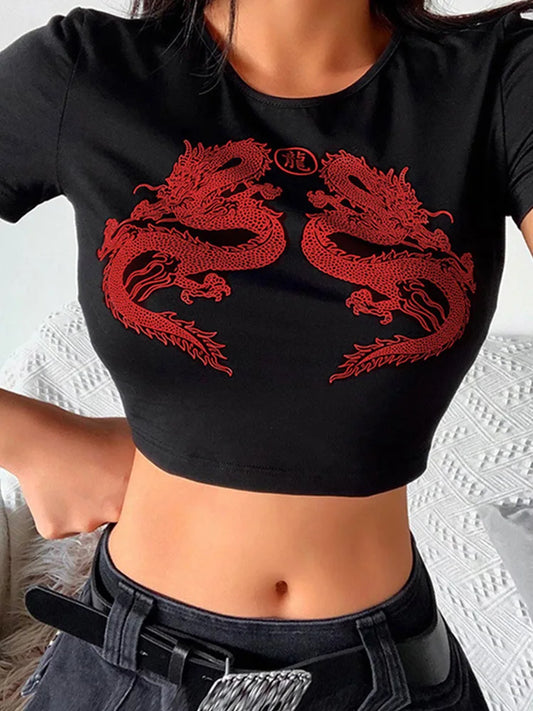 Women Short Sleeve Dragon Print T-shirt