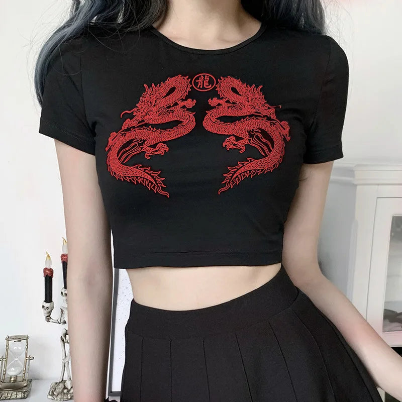 Women Short Sleeve Dragon Print T-shirt