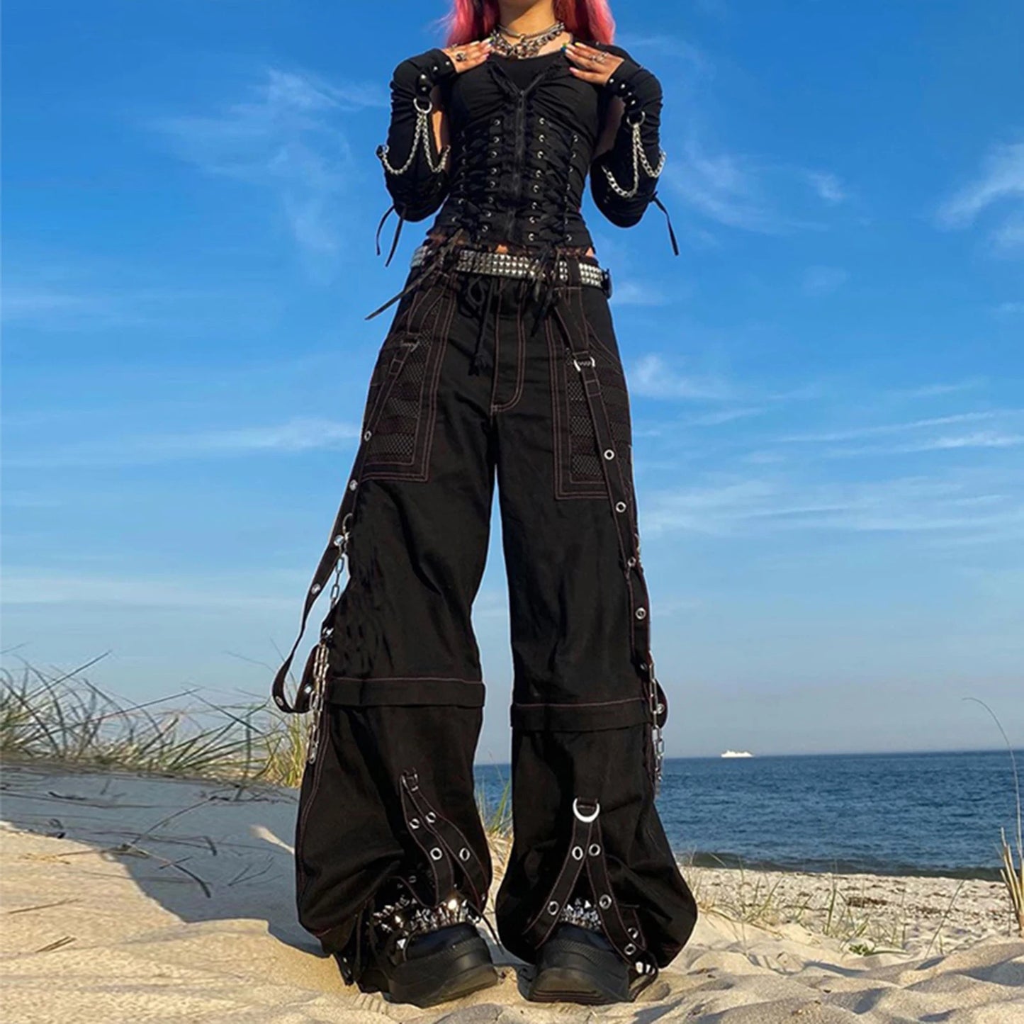Women Goth Cargo Pants / High Waist Baggy Jeans (Victorious CryoStream)