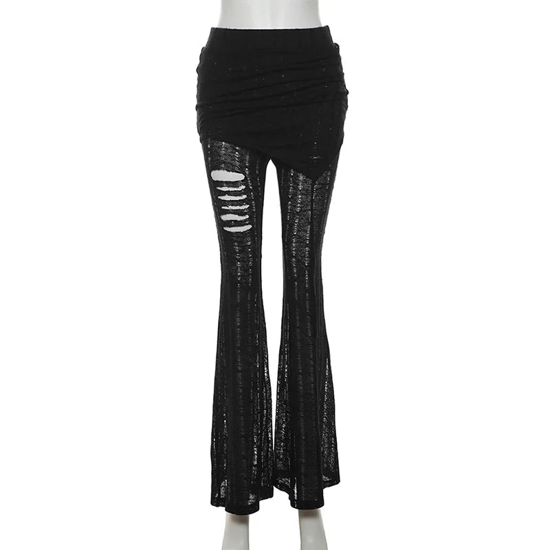 Goth Dark Solid High Waist Pants/ Holes See Through Trousers (Victorious HoloEdge)