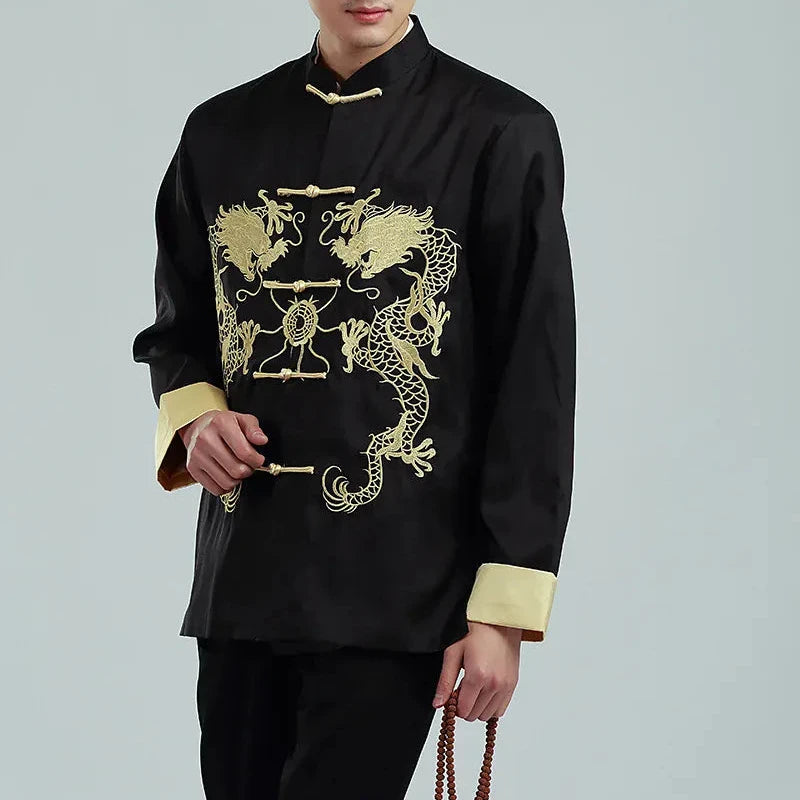 Black / M Vintage-style Men's Long-sleeve Jacket with Gold Embroidered Chinese Dragon Design; Available in Black, Gray, Blue, and Red.
