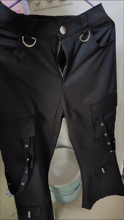 Black Gothic Cargo Flare Pants /High Waist Wide Leg Trousers (Victorious Neural Link)