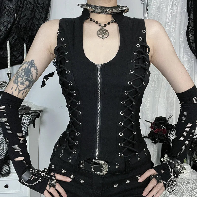 Goth Dark Punk Sleeveless Corn Bandage Vest / Women's Gothic Techwear (Victorious Nocturne Valor Vest)