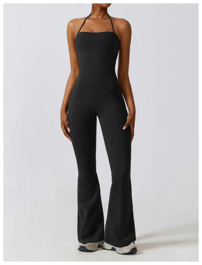 Women Sleeveless Yoga Jumpsuit/ Gym Flared Overalls (Victorious SynthWave)