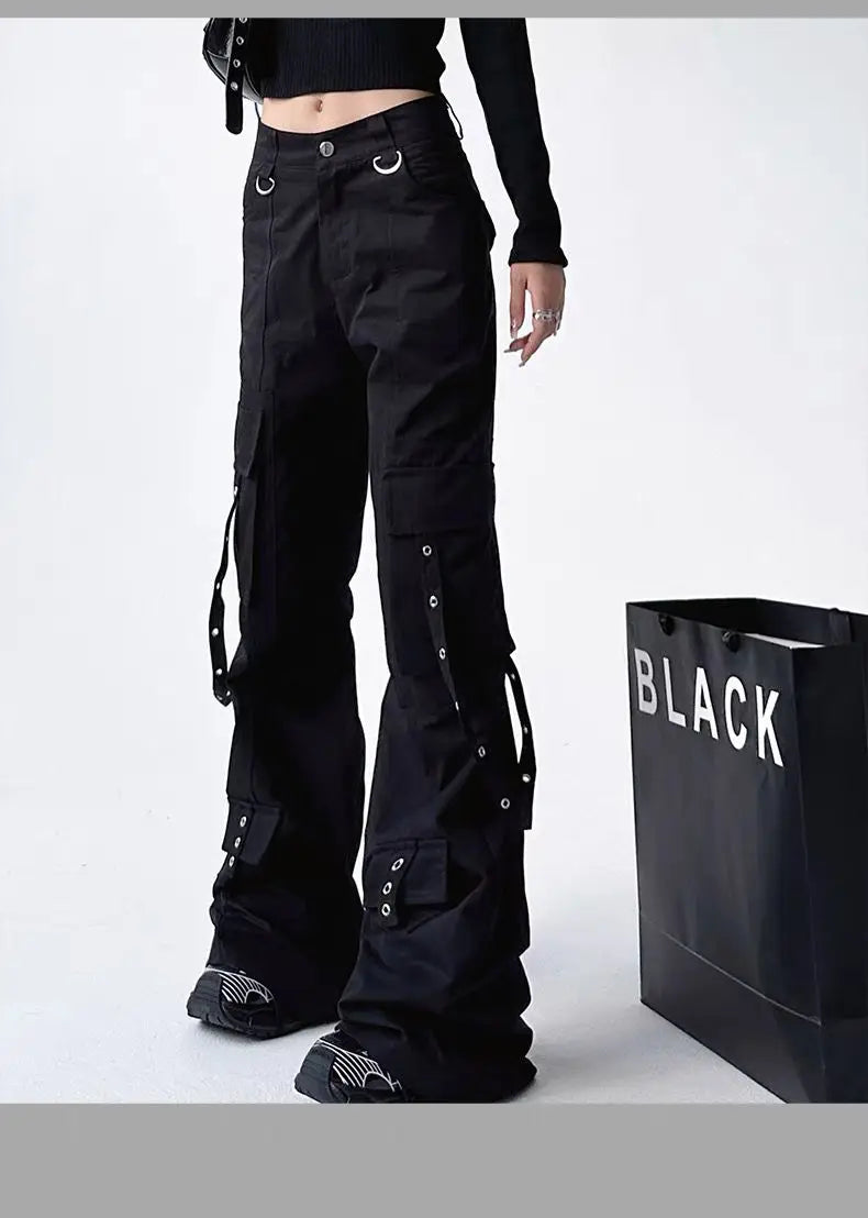 Black Gothic Cargo Flare Pants /High Waist Wide Leg Trousers (Victorious Neural Link)