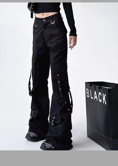 Black Gothic Cargo Flare Pants /High Waist Wide Leg Trousers (Victorious Neural Link)