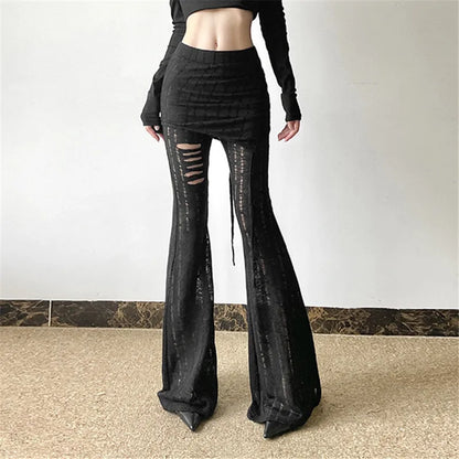 Goth Dark Solid High Waist Pants/ Holes See Through Trousers (Victorious HoloEdge)