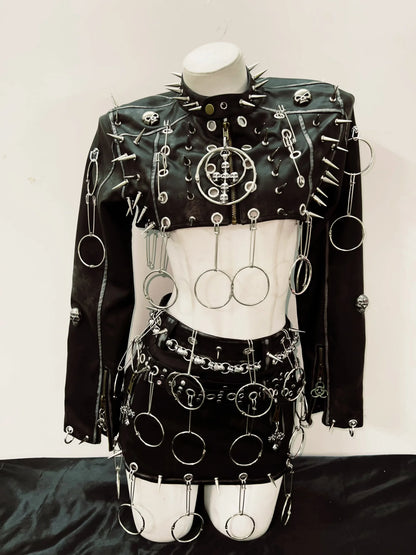 Punk Jacket Leather & Skirt /Full Set Gothic Spikes Outfit