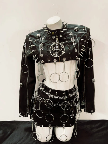 Punk Jacket Leather & Skirt /Full Set Gothic Spikes Outfit
