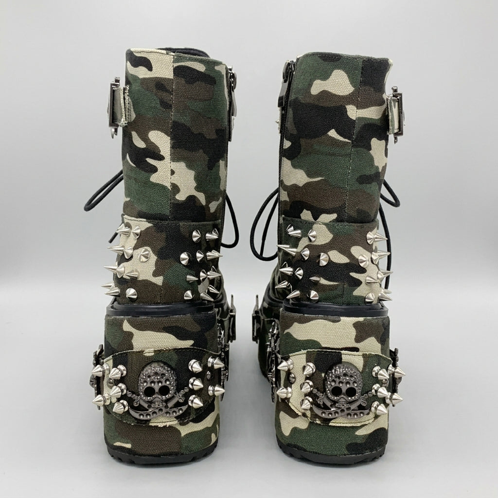 2026 Camouflage Print Platform Ankle Boots Spider Metal Studs Spikes Buckle Straps Lace-Up Gothic Punk Y2K Street Fashion Shoes