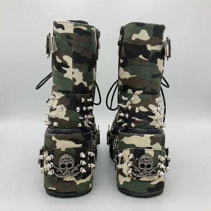 2026 Camouflage Print Platform Ankle Boots Spider Metal Studs Spikes Buckle Straps Lace-Up Gothic Punk Y2K Street Fashion Shoes