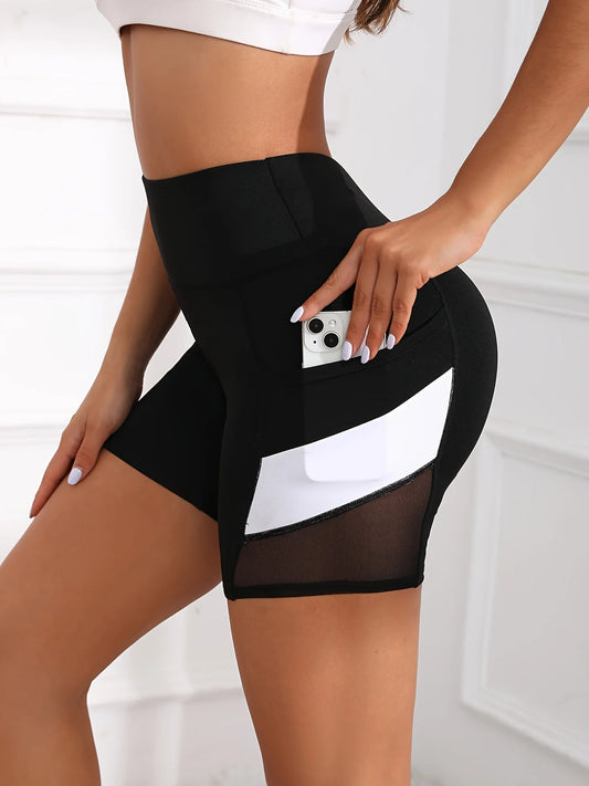 High Waisted Mesh Color blocked Yoga Shorts with Pockets (Victorious Cyber Halo Shorts)