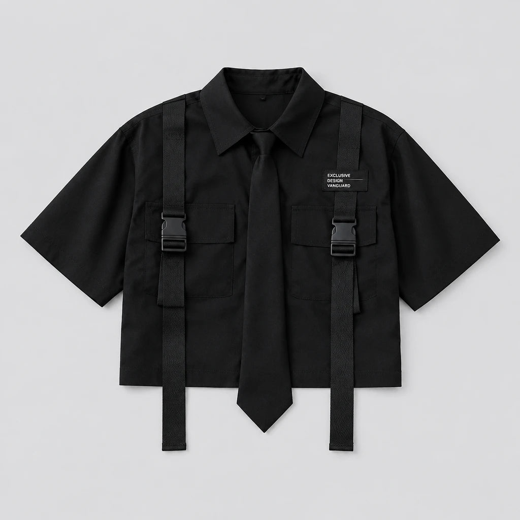 Black shirt / M Casual Cargo Pants Suit for Women, Spring Streetwear High-Waist Straight Ribbon Pants with Short-Sleeved Shirt Two-piece Set