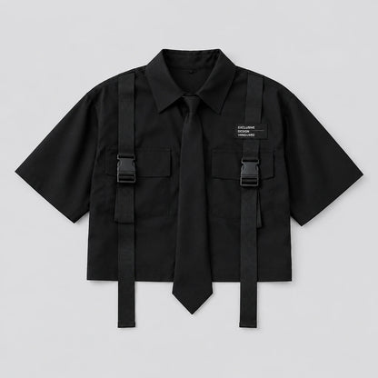 Black shirt / M Casual Cargo Pants Suit for Women, Spring Streetwear High-Waist Straight Ribbon Pants with Short-Sleeved Shirt Two-piece Set