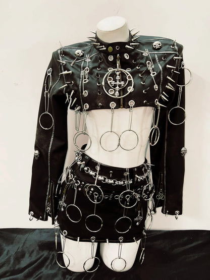 Punk Jacket Leather & Skirt /Full Set Gothic Spikes Outfit