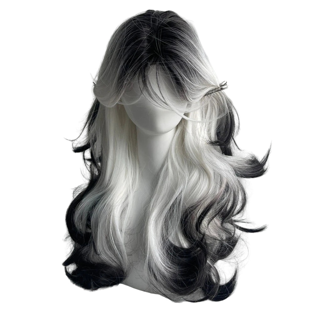 Long Wave Synthetic Black Ombre White Wig Fluffy Women Heat Resistant Wig for Daily Party Lolita Cosplay