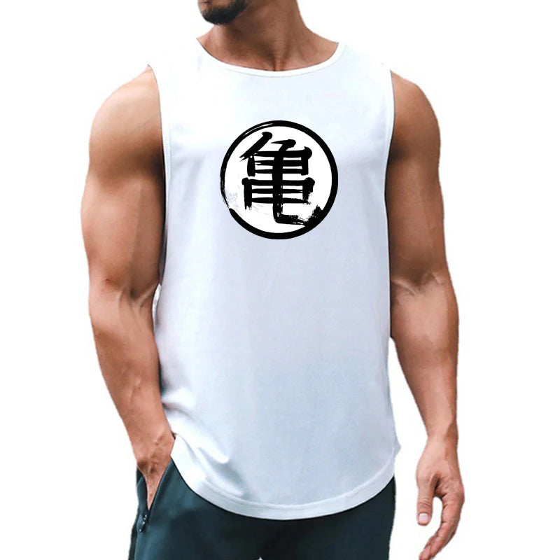 Japanese Turtle Script Printed Mens Gym Tank Top / Quick Dry Bodybuilding Tank Top