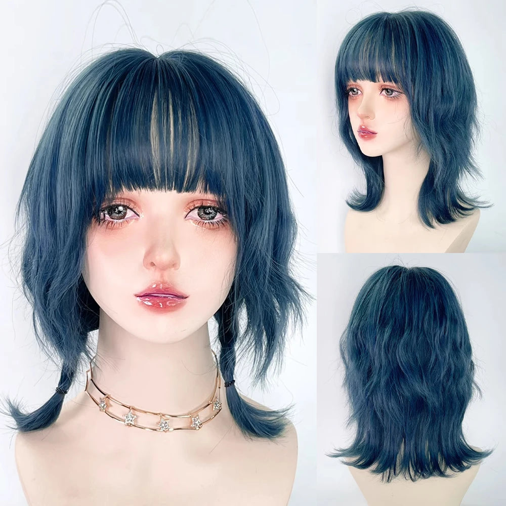 Blue Synthetic Mullet Head Wig with Bangs /Short Straight Lolita Anime Cosplay