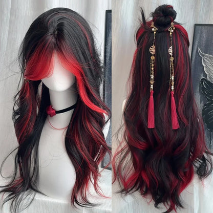 Black Ombre Red Layered Wig/Synthetic Long Wavy Lolita/ Kawaii Wig