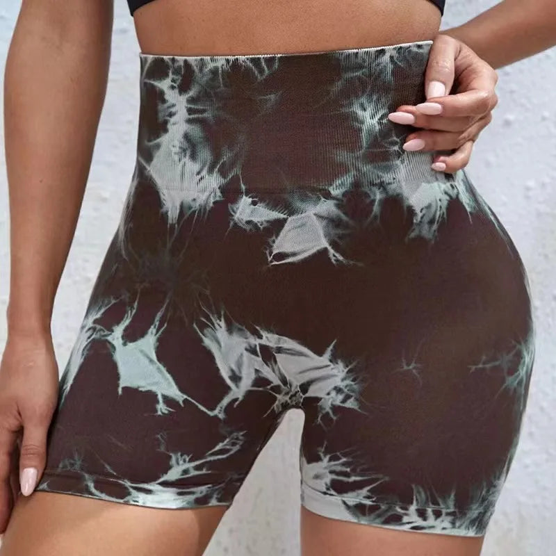 Seamless Tie Dye Sport Shorts / Elastic Scrunch High Waist Gym Shorts