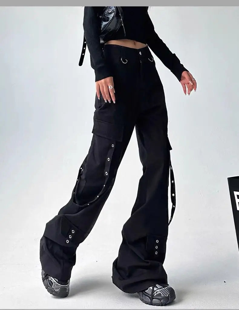 Black Gothic Cargo Flare Pants /High Waist Wide Leg Trousers (Victorious Neural Link)