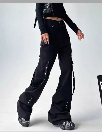 Black Gothic Cargo Flare Pants /High Waist Wide Leg Trousers (Victorious Neural Link)