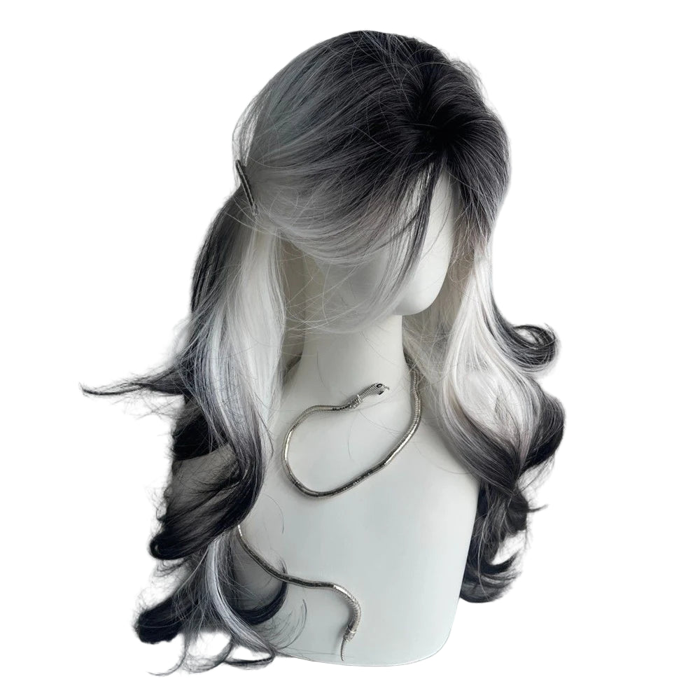 Long Wave Synthetic Black Ombre White Wig Fluffy Women Heat Resistant Wig for Daily Party Lolita Cosplay