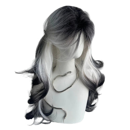 Long Wave Synthetic Black Ombre White Wig Fluffy Women Heat Resistant Wig for Daily Party Lolita Cosplay
