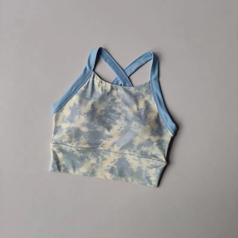 Women Cross Strap Nature Pattern Sports Bra/ Yoga Gym Crop Top