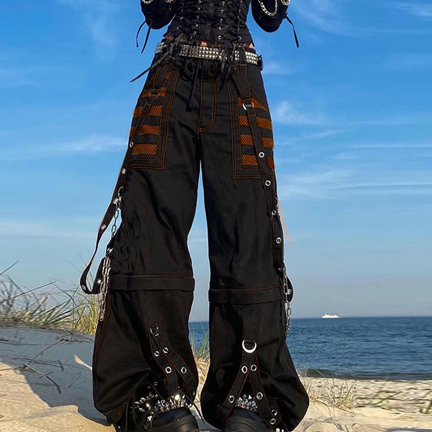 Women Goth Cargo Pants / High Waist Baggy Jeans (Victorious CryoStream)