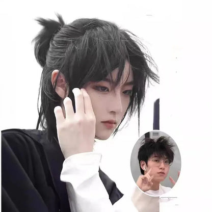 Short Mullet Head Wigs with Bangs/ Synthetic Straight Anime Men Black Hair Wig / Cosplay Wig
