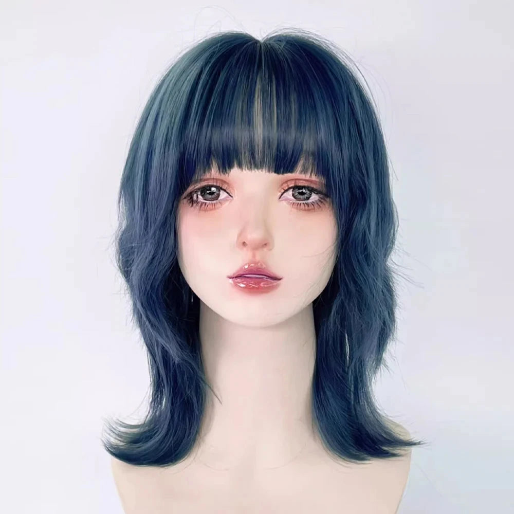 Blue Synthetic Mullet Head Wig with Bangs /Short Straight Lolita Anime Cosplay