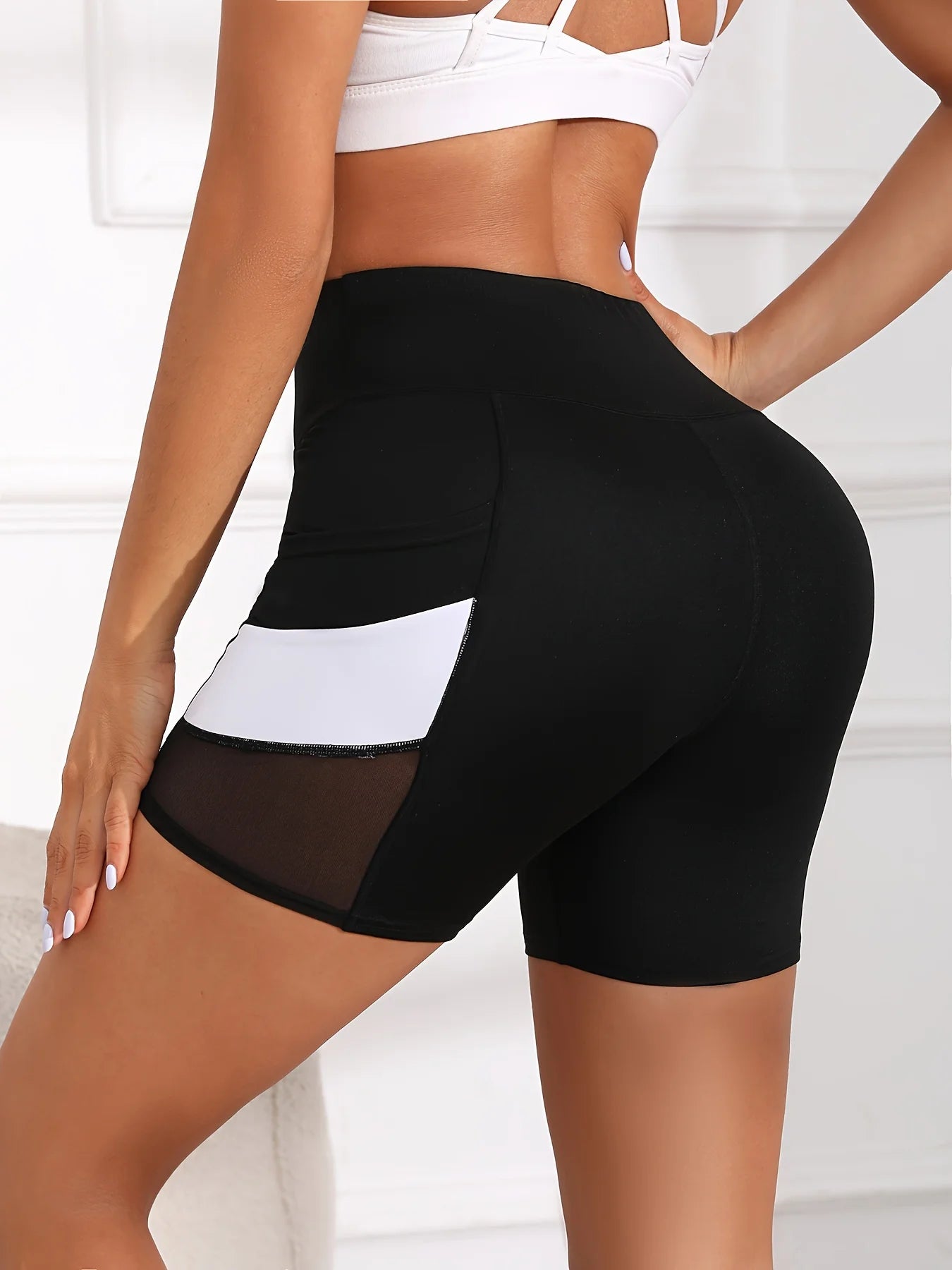 High Waisted Mesh Color blocked Yoga Shorts with Pockets (Victorious Cyber Halo Shorts)