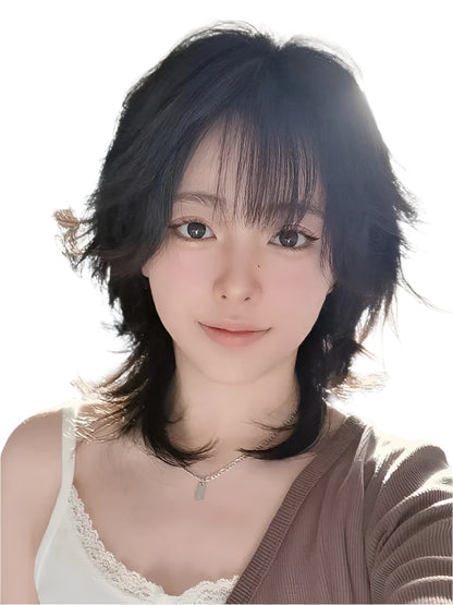 Short Mullet Head Wigs with Bangs/ Synthetic Straight Anime Men Black Hair Wig / Cosplay Wig