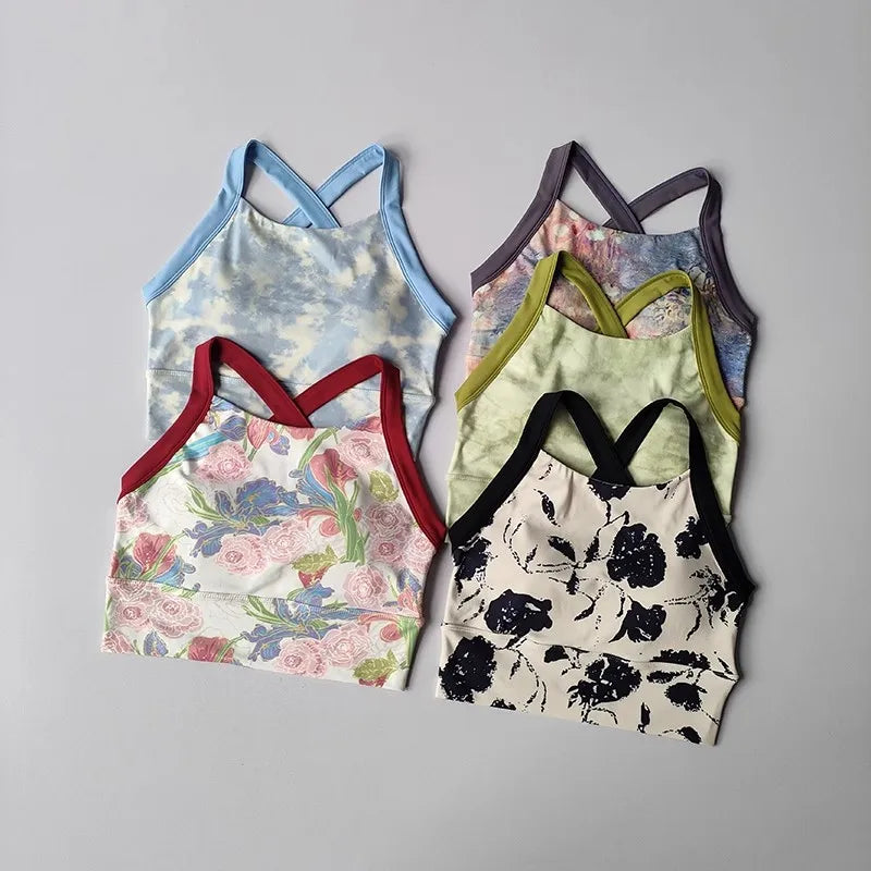 Women Cross Strap Nature Pattern Sports Bra/ Yoga Gym Crop Top