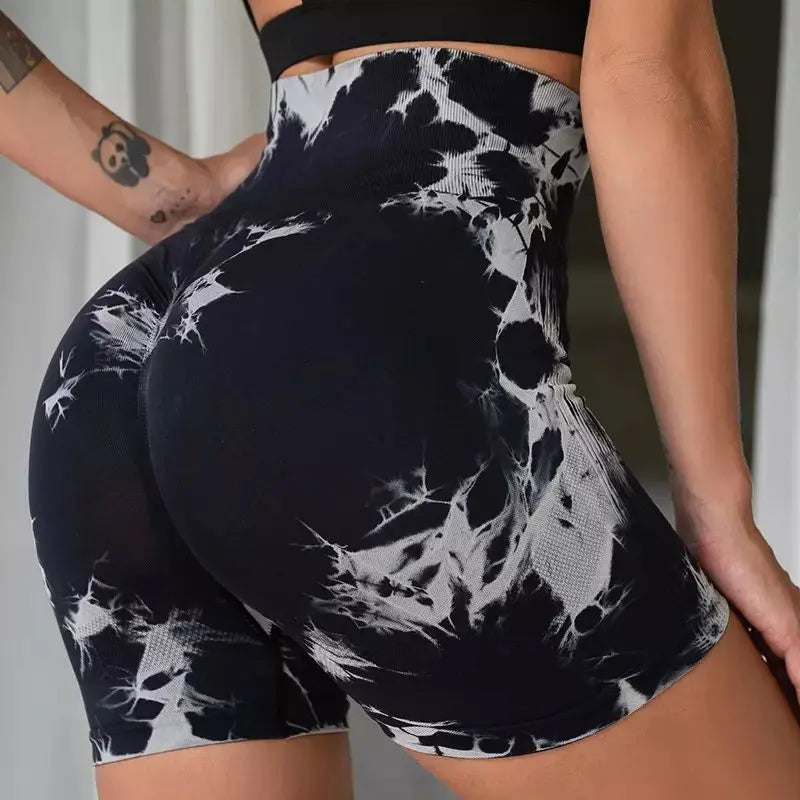 Seamless Tie Dye Sport Shorts / Elastic Scrunch High Waist Gym Shorts