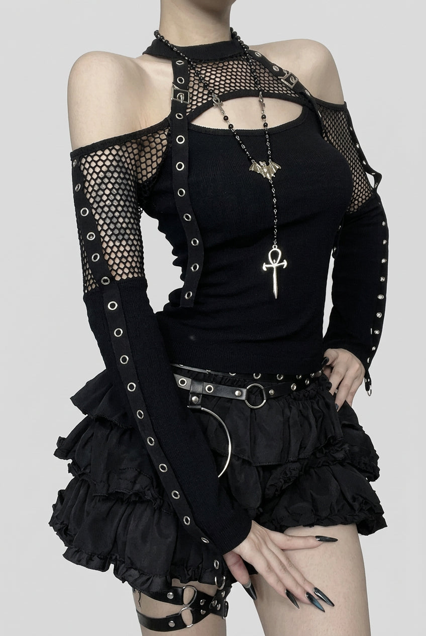 Goth Dark Punk Grunge Fishnet Patchwork Off Shoulder T-shirts Trim Corn Strap Halter Tops Autumn Mall Gothic Streetwear T-shirt