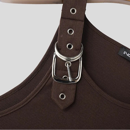 Buckle Belt Straps Ribbed Tank Top