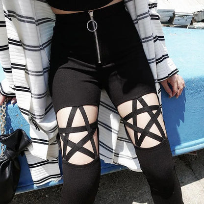 Hollow Out Pants Goth Sexy Pentagram / Harajuku Grunge Black Trousers (Victorious Obsidian Victory Pants)
