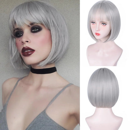 Pink Bob Synthetic wig /Short straight hair with bangs/ Multi-colored Cosplay Wig/ high temperature silk wig