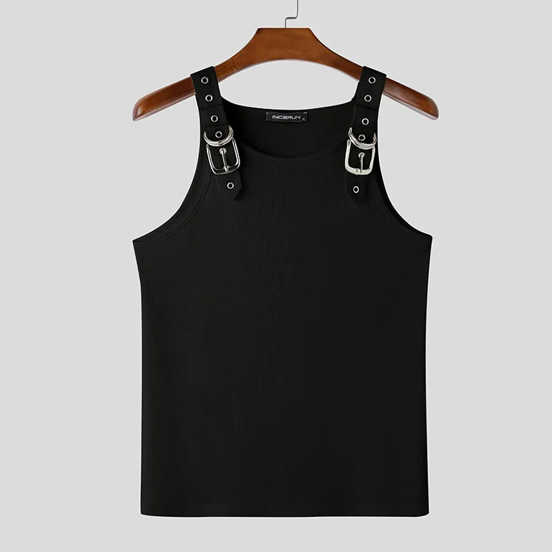 Buckle Belt Straps Ribbed Tank Top